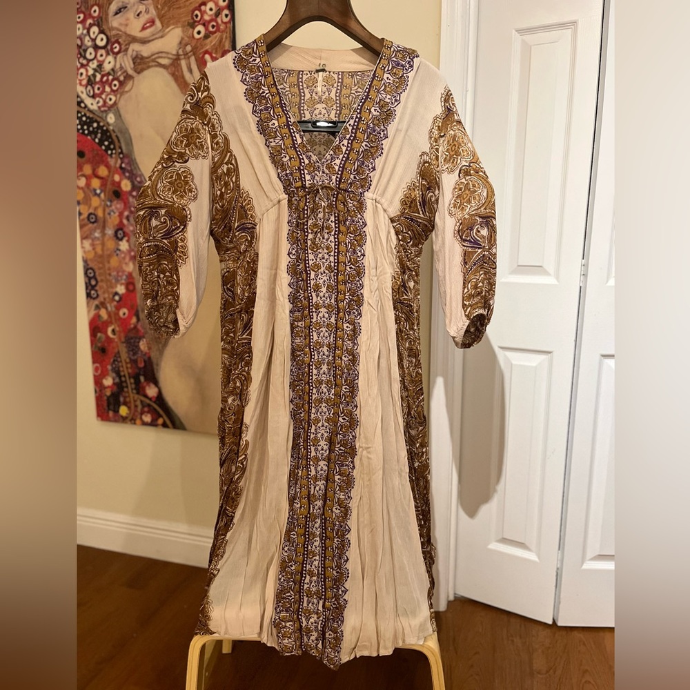 Free People Cream and Brown V-Neck Bishop Sleeve Dress
